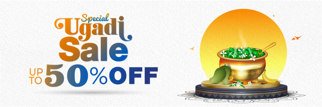 Ugadi festive sale advertising marketing banner poster background design. Indian traditional Yogadi food and podium illustration for product presentation and display concept.