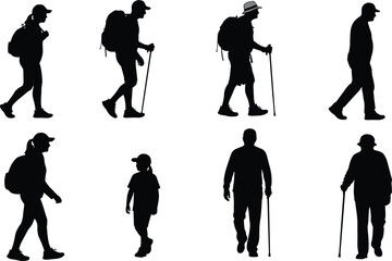 Hiking and walking silhouettes, outdoor recreation poses, backpack and stick variations, diverse group of hikers vector illustration artwork © MdRabiul