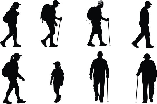 Hiking and walking silhouettes, outdoor recreation poses, backpack and stick variations, diverse group of hikers vector illustration artwork