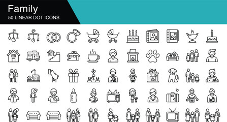 Naklejka na ściany i meble Comprehensive collection of fifty linear dot icons representing family life, including parents, children, home activities, pets, celebrations, and daily household objects. (22 words)
