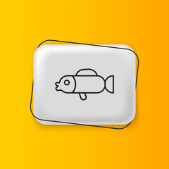 Black Puffer fish icon isolated on yellow background. Fugu fish japanese puffer fish. Silver rectangle button. Vector © Vadim