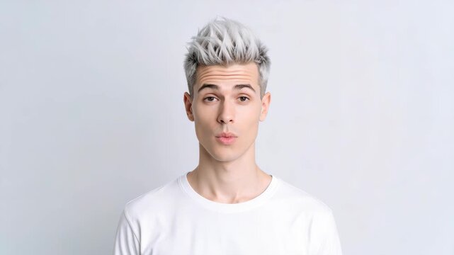 Playful young man with platinum spiky hair making a whistling expression while looking at camera on white background
