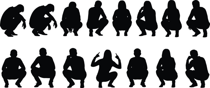 Human silhouettes in squatting postures, vector illustration of body language, gesture variation, movement study, design reference, symbolic artwork