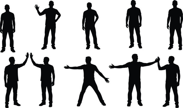 Human silhouettes in standing poses, expressive gestures vector illustration, body language graphic, posture recognition design, communication art silhouettes