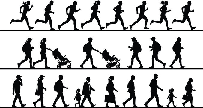 Human silhouettes, running figures, walking strollers, family pedestrian scenes, everyday movement, urban lifestyle, social interaction vector illustration artwork