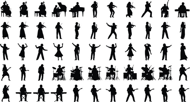 Musicians and performers silhouettes playing piano, violin, drums, guitar, keyboard with dancers and singers vector illustration for music, art, entertainment