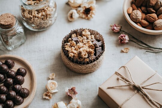 Artfully arranged granola and assorted sweets with dried flowers and gift packaging on a textured linen surface