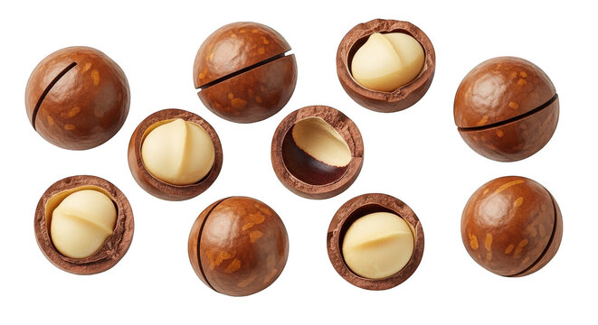 Macadamia Nuts Open and Closed on Black Background