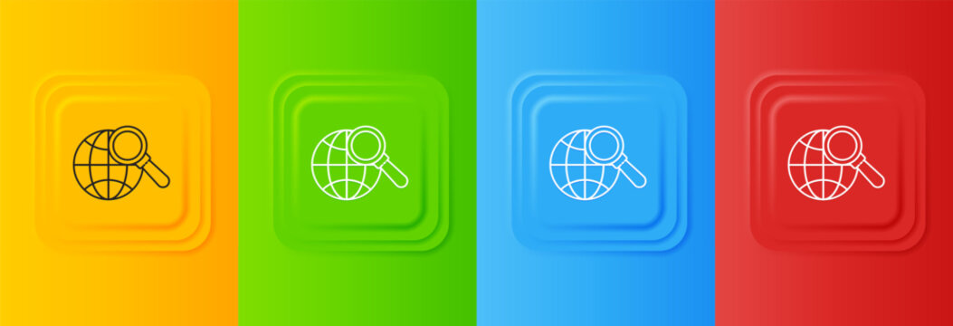 White Magnifying glass with globe icon isolated on colorful background. Analyzing the world. Global search sign. Set icons in square buttons. Vector