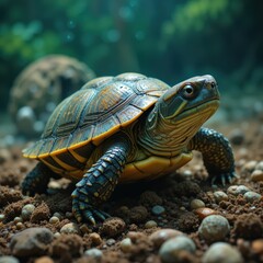 Closeup View of Colorful Turtle in Aquatic Environment with Pebbles and Plants