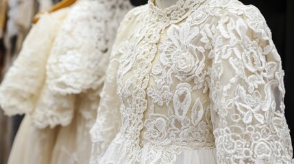 Obraz premium Close-up of an exquisite vintage white lace gown showcasing intricate floral patterns and delicate craftsmanship