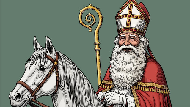 Bearded figure in bishop's mitre and red robes, riding a white horse, representing winter holiday traditions, festive spirit, and celebrations