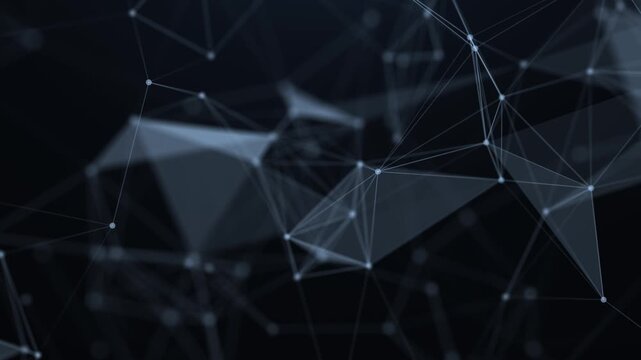 Abstract digital network with glowing nodes and connecting polygon lines on dark background, futuristic technology visualization of data connections.