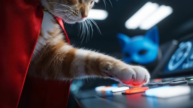 Cat in cape controls futuristic panel. Charming feline interacts with buttons, showcasing playfulness and curiosity. Ideal for cat lovers and tech enthusiasts.