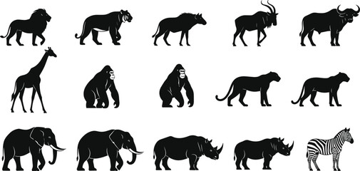 Silhouettes of wild animals including lion, tiger, elephant, giraffe, zebra, rhino, buffalo, cheetah, gorilla, antelope, hyena, wildlife vector illustration © SABINA