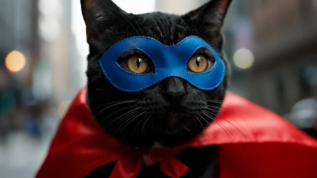 Cute black cat in superhero costume. Cat wears blue mask and red cape. Adorable pet poses confidently on urban street. Fun and playful atmosphere enhances charm.