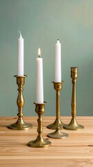 Fototapeta premium Four golden candlesticks on a wood surface, some holding lit candles
