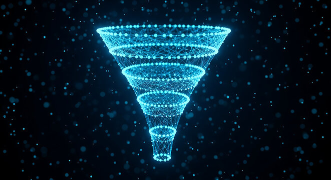 A glowing blue digital funnel illustration shines brightly against a dark background with scattered blue dots.