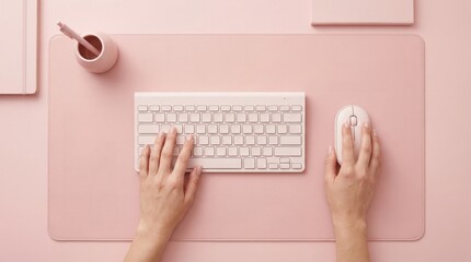 Obraz premium Female Hands Typing on Pink Keyboard with Wireless Mouse on Blush Desk Mat Overhead Minimalist Workspace