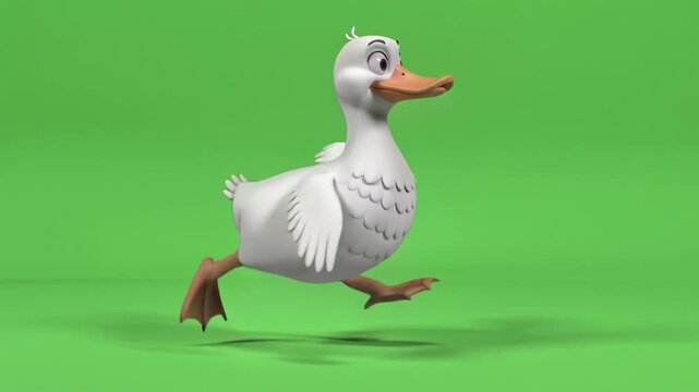 A white duck character in a greenscreen environment runs dynamically from a 3D animation viewpoint