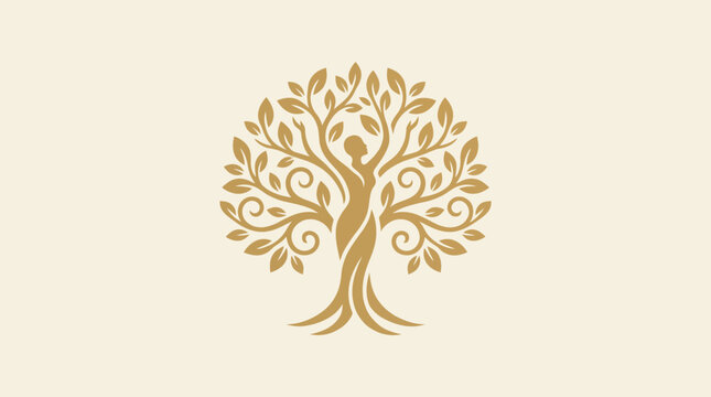 An elegant tree of life logo design featuring a graceful woman intertwined with branches, symbolizing growth, femininity, and harmony in nature's beauty and art.