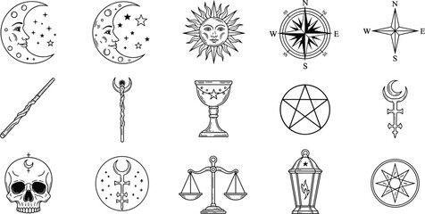 mystic occult magic symbols line icons set, moon sun compass pentagram skull wand tarot witchcraft spiritual vector illustration © Athier