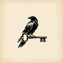 Fototapeta premium Black Raven Perched on an Ornate Skeleton Key.