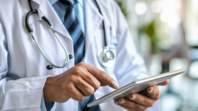 Innovative digital healthcare  doctor utilizing tablet for efficient patient data entry