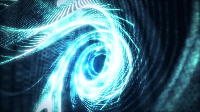 Bright blue digital vortex with glowing lines and mesh curves, abstract futuristic tunnel with dynamic energy flow and cyber technology atmosphere.