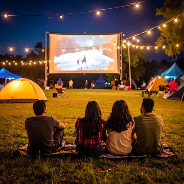 Friends enjoying an outdoor movie night, beneath a starry sky with string lights