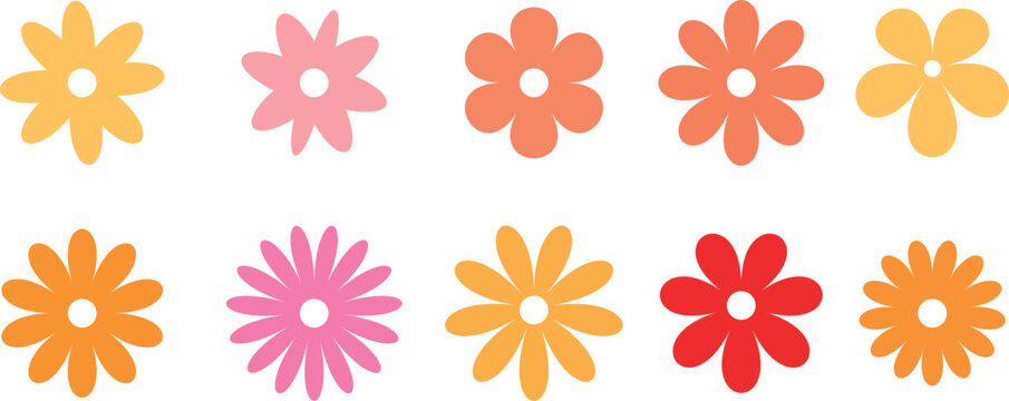 Colorful flat flower icons set simple Hippy groovy daisy flowers set floral shapes collection