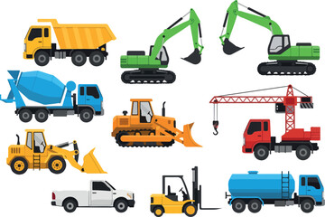 Collection of various heavy machinery and vehicles used in construction sites viewed from above © Chico Store