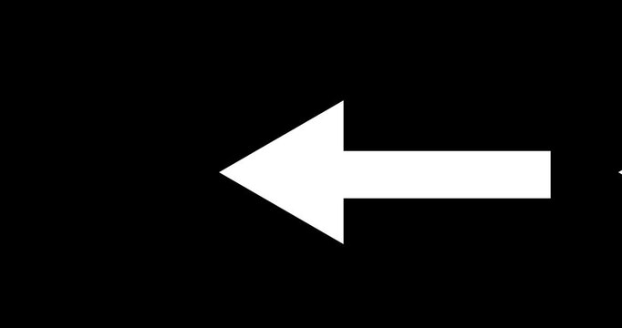 Long arrow pointing right to left position on black background. Direction symbol indicating back or previous page animation. Abstract arrow pointing graphic animation