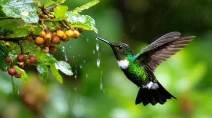 Fototapeta premium Colorful Hummingbird Feeding on Nectar in Tropical Rainforest Environment