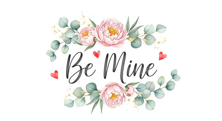 Valentine Be Mine floral wreath with pink roses and hearts handwritten calligraphy watercolor illustration