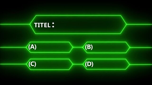 Neon Game Show Title Screen with Multiple Choice Answers, Quiz Show Background, Bright Green Electric Glow.