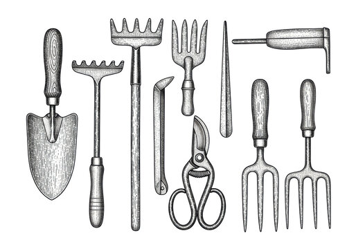 meticulous high-contrast copperplate engraving of eight antique gardening tools (rake, fork, shears, trowel) in a flat lay on white, concept of detailed technical illustration