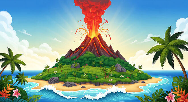 Volcanic eruption occurs on tropical island surrounded by ocean waves and palm trees.