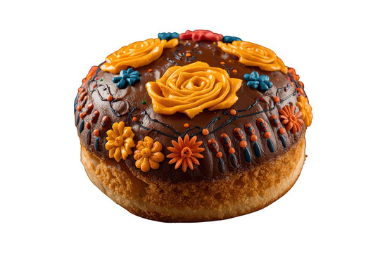 Mexican pan de muerto style donut with colorful icing flowers and chocolate glaze, celebrating traditional flavors