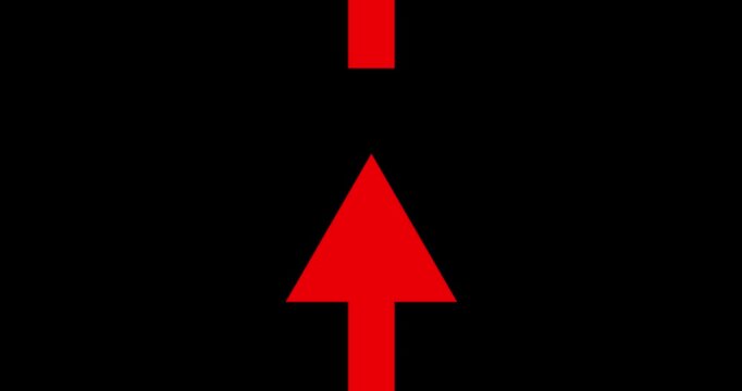 Long arrow pointing down to up position on black background. Direction symbol indicating back or previous page animation. Abstract arrow pointing graphic animation