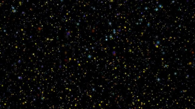 Loop flickering glow multiple stars particles flying in the air animation on black abstract background. Animation of fiery gold blue glowing flying ember burning ash particles.