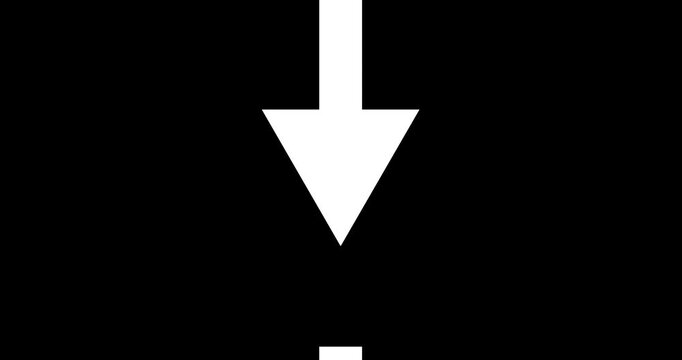 Long arrow pointing up to down position on black background. Direction symbol indicating back or previous page animation. Abstract arrow pointing graphic animation