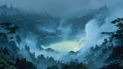 Obraz premium Serene Floating Lake View with Misty Mountains and Lush Green Forest