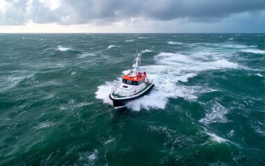 Fototapeta premium Aerial View of Boat Navigating Violent Stormy Seas with Turbulent Waves