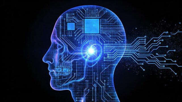 Digital Human Head with Circuit Board and Data Flow.