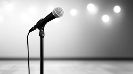 Obraz premium Minimalist Microphone Scene in Spotlight for Comedy Performance Setup