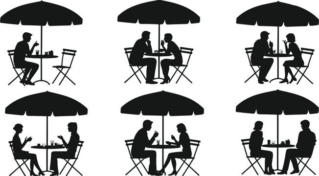 Six couples dining at outdoor cafe tables with umbrellas in silhouette vector illustration