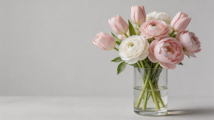 Fototapeta premium Elegant bouquet of soft pink tulips and ranunculus flowers arranged in a clear glass vase on a minimal white background. Delicate pastel spring flowers with natural light create a clean, modern still