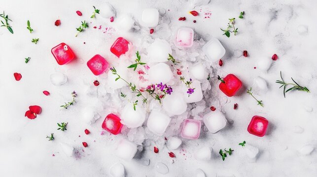 Refreshing Ice Cubes with Pink and Red Fruit Garnishes and Green Herbs Scattered on Crushed Ice