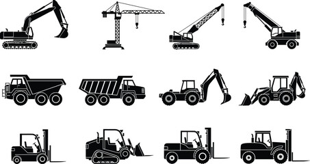 Vector illustration of stylized construction vehicle silhouettes symbolizing industry, engineering, identity, diversity, culture, tradition, inclusivity, and education © MSTSHIULY